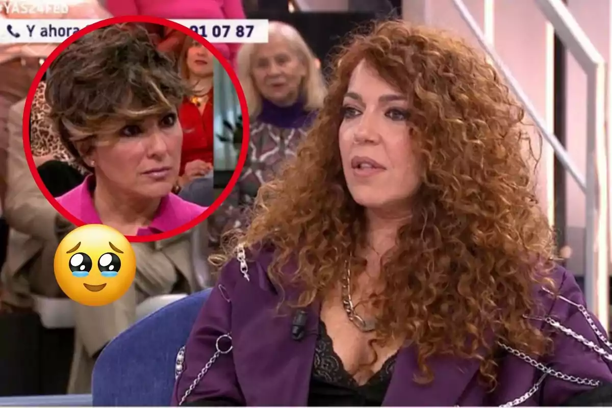 Una dona de cabell arrissat està asseguda en un programa de televisió, mentre que en un cercle vermell es mostra una altra dona amb expressió seriosa i un emoji d'ulls plorosos.