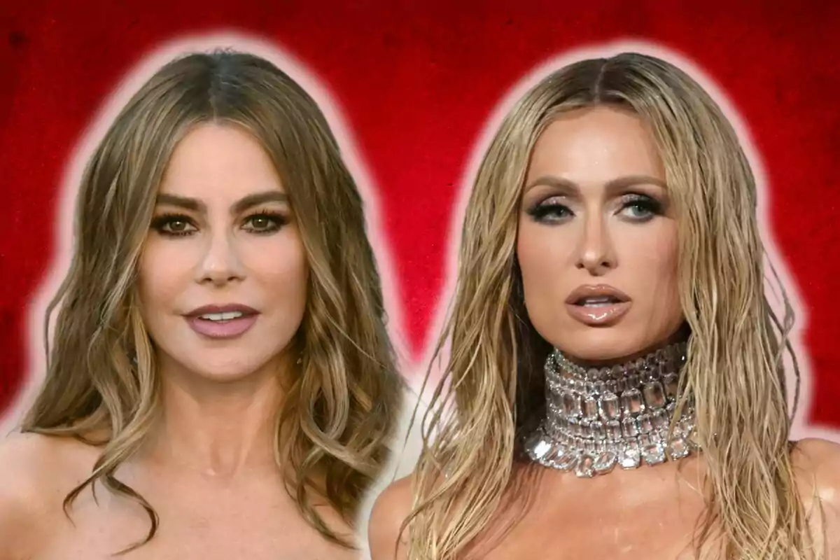 Sofia Vergara y Paris Hilton con cabello suelto y maquillaje elegante sobre un fondo rojo.