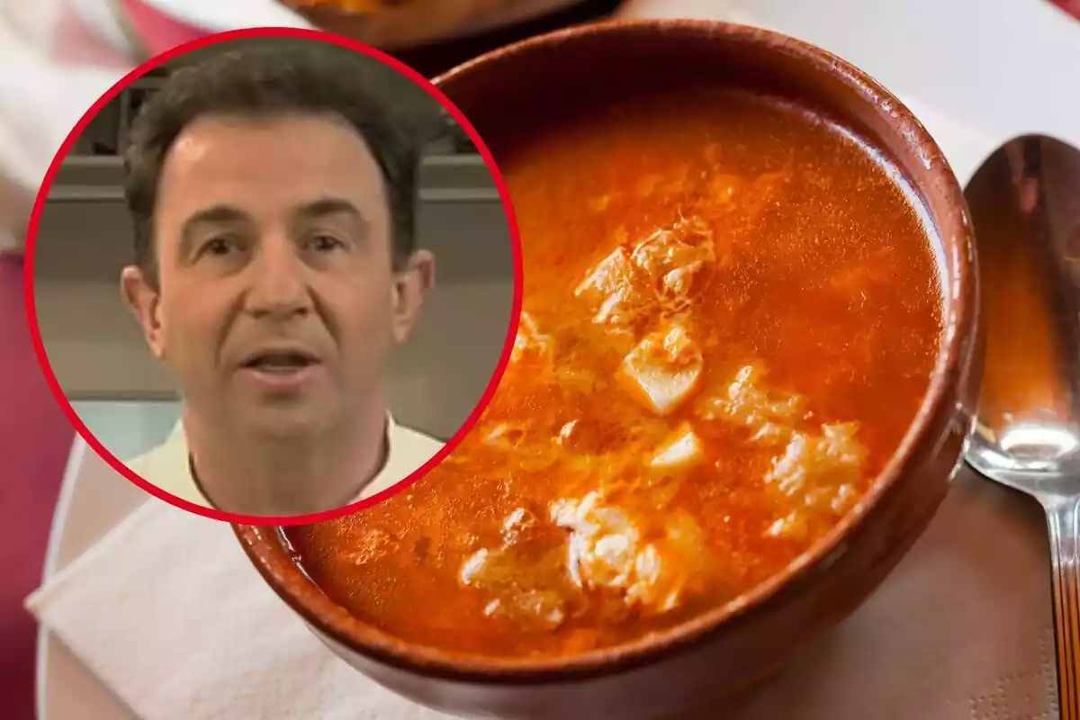 Muntatge amb un bol de sopa castellana i un cercle amb la cara del xef Martín Berasategui