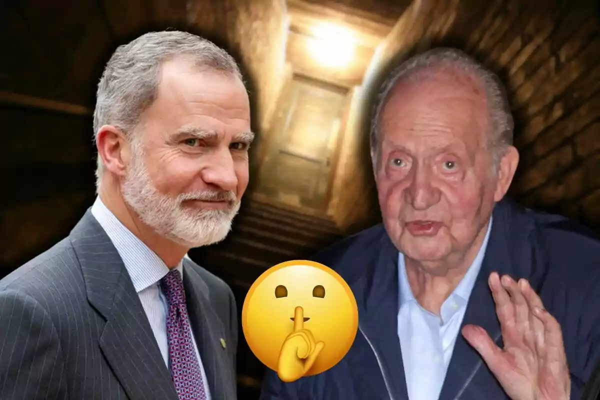 Felipe VI and Juan Carlos I against a dark background with a silence emoji in the center.