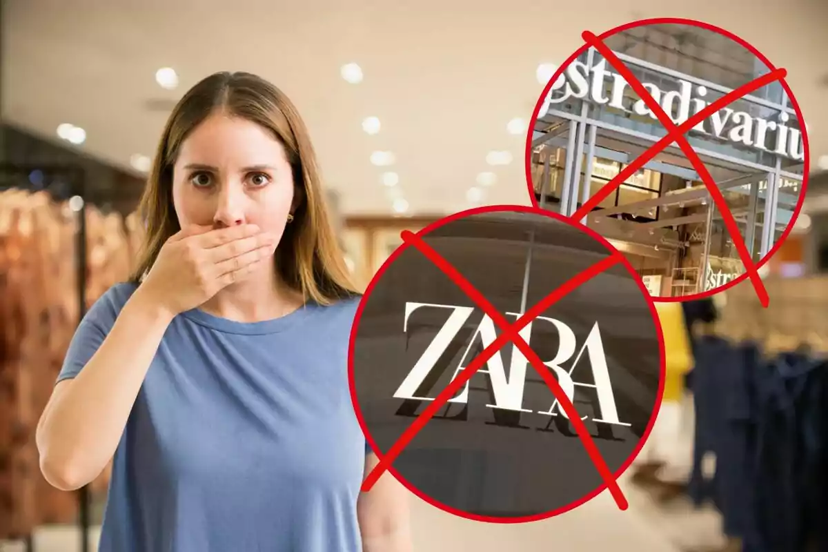 A woman with a surprised expression covers her mouth while two store logos are crossed out with a red X in a shopping mall.