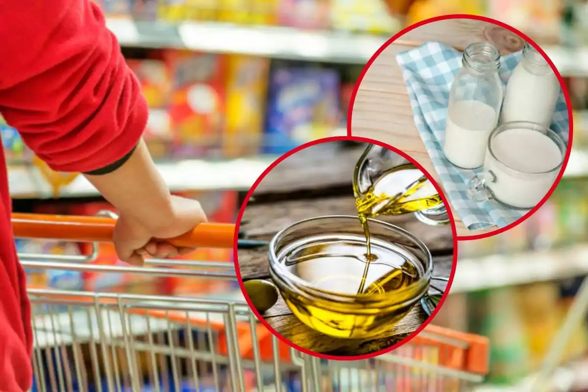 Persona empujando un carrito de compras en un supermercado con imágenes superpuestas de botellas de leche y aceite vertiéndose en un recipiente.