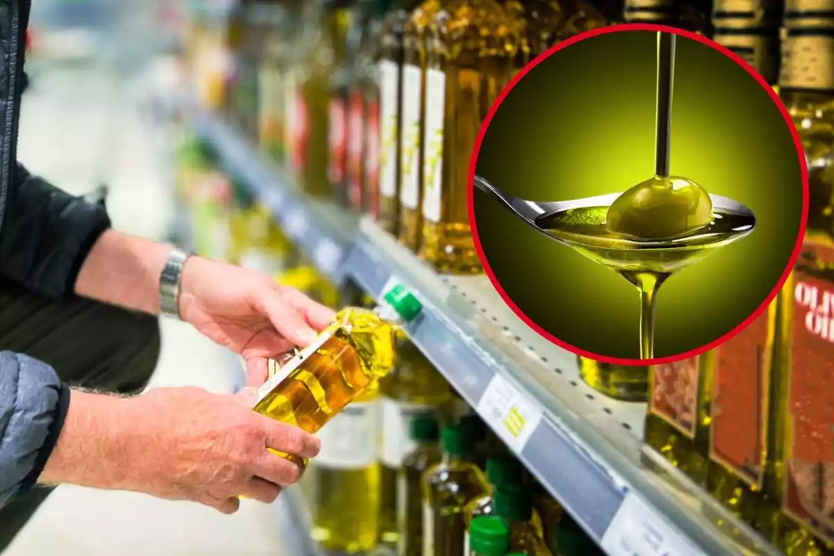 Muntatge amb una persona agafant una ampolla d´oli d´oliva i un cercle amb una cullera amb una oliva plena d´oli d´oliva