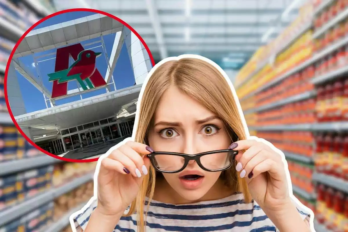 A woman caught in a supermarket with a store logo in a circle.