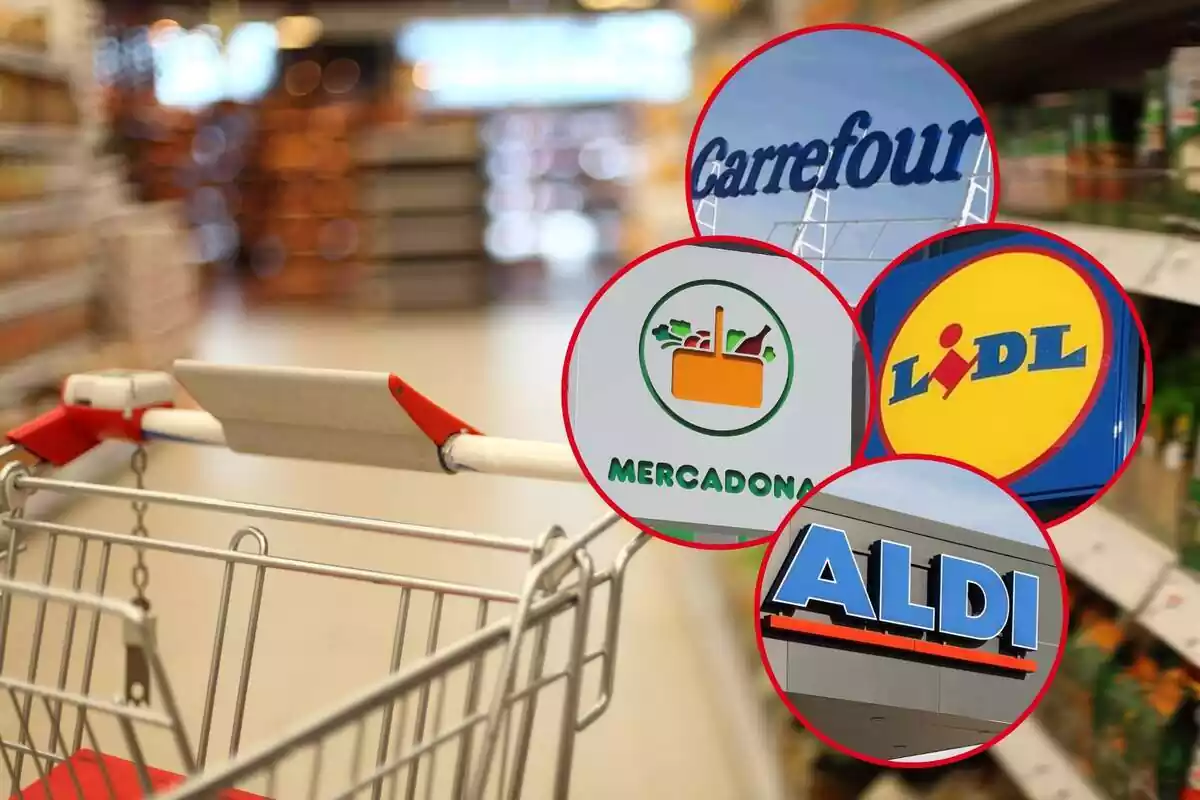 Muntatge amb un carretó en un supermercat i quatre cercles amb els logos de Carrefour, Mercadona, Lidl i Aldi