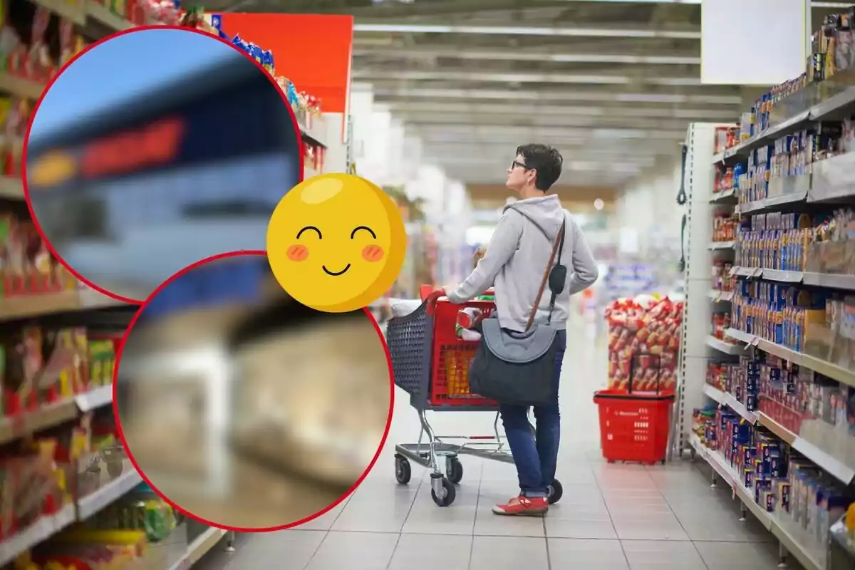 Persona con carrito de compras en un supermercado, rodeada de estantes llenos de productos, con un emoji sonriente superpuesto.