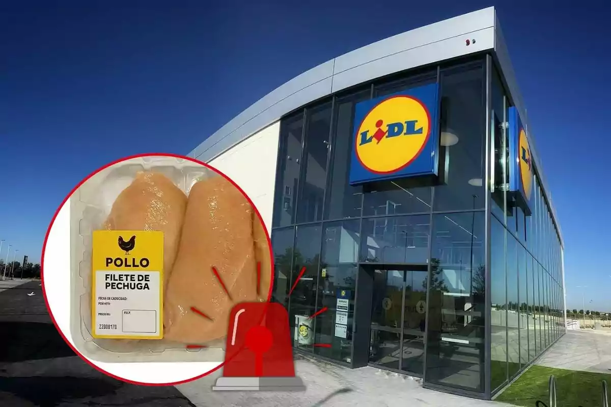 Un paquet de filets de pit de pollastre amb una etiqueta groga es mostra en un cercle vermell davant de la façana d'una botiga Lidl.