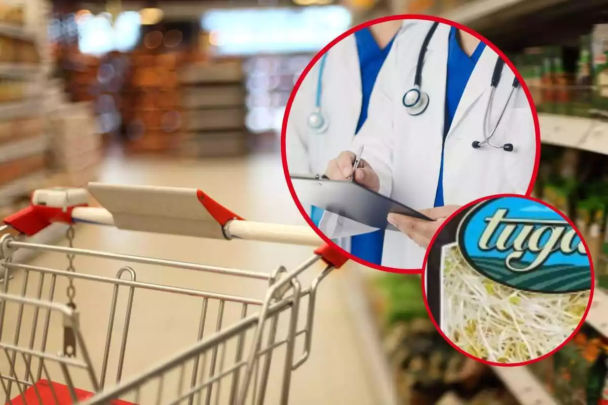 Muntatge amb un carret al passadís d'un supermercat, un cercle amb un metge amb bata blanca prenent apunts i un altre cercle més petit amb el producte afectat