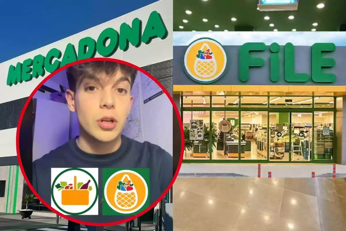 Muntatge amb l'exterior d'un supermercat de Mercadona, un supermercat turc File i un cercle amb la cara del jove tiktoker Helio Roque