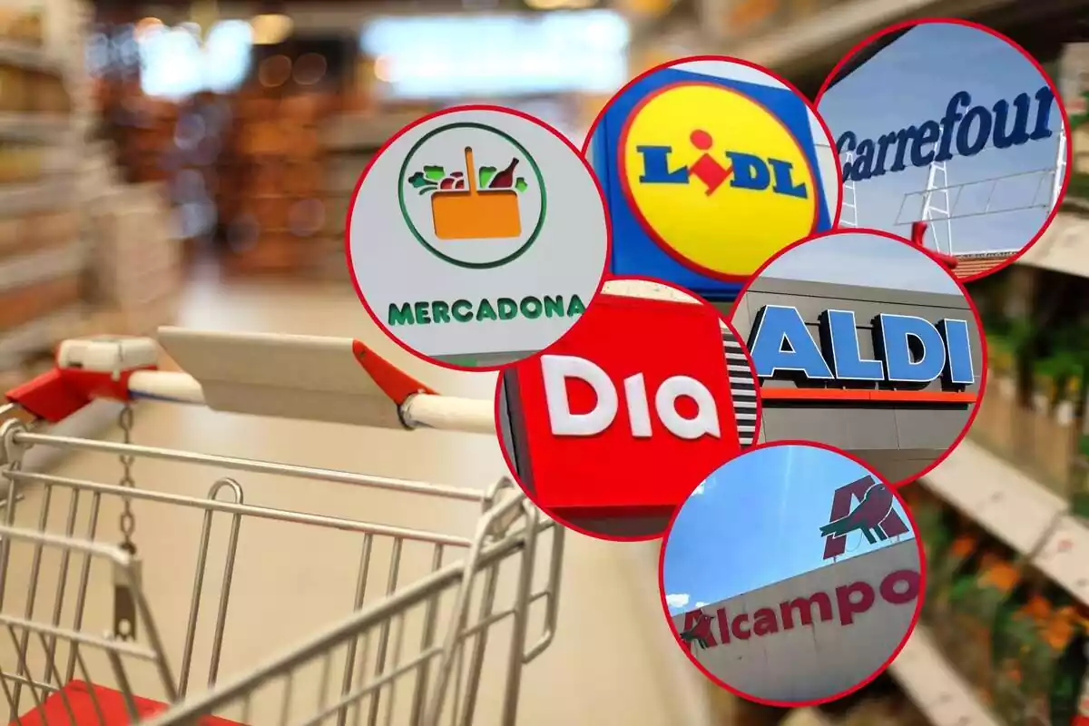 Muntatge amb un carretó en un supermercat i sis cercles amb els logos de Mercadona, Lidl, Carrefour, Dia, Aldi i Alcampo