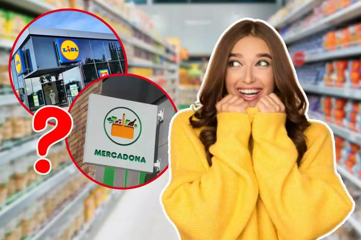 Una dona somrient a un passadís de supermercat amb imatges dels logos de Lidl i Mercadona dins de cercles vermells i un signe d'interrogació.