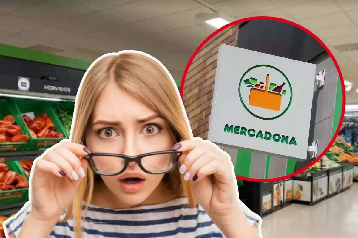 Una dona sorpresa en un supermercat amb un cartell de Mercadona al fons.