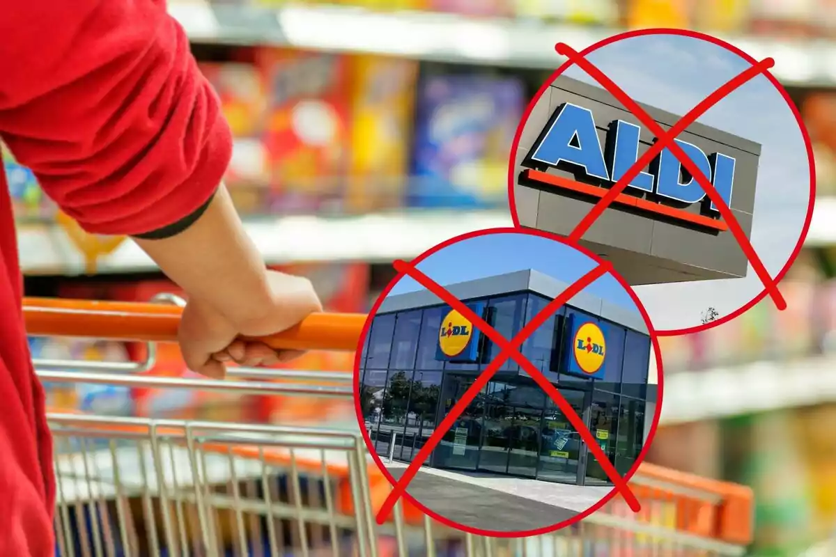 Persona empujando un carrito de compras en un supermercado con imágenes de dos tiendas tachadas.