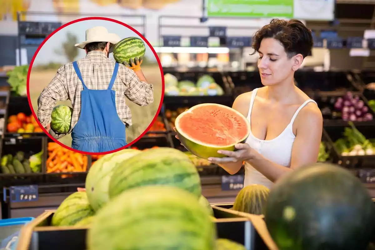 Una dona agafa un tros de síndria al supermercat, i al cercle, un agricultor amb dues síndries