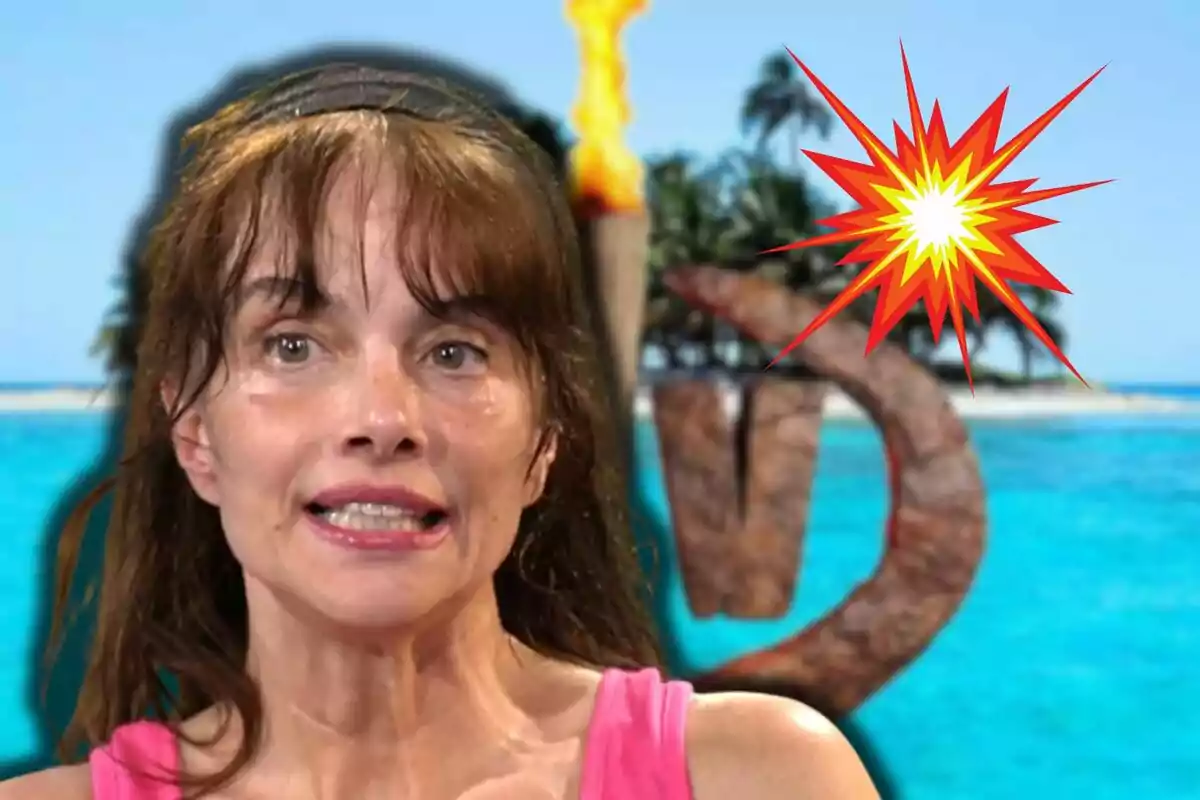 Beatriz Rico with an intense expression against a beach background with palm trees and a graphic explosion symbol.