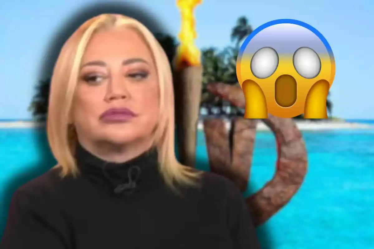 Belén Esteban amb expressió seriosa davant d'un fons de platja amb un emoji sorprès al costat.