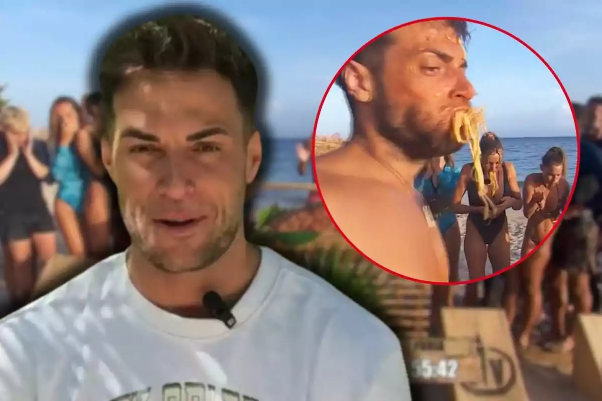 Montoya con camiseta blanca aparece en primer plano mientras en el fondo se ve a varias personas en la playa; en un recuadro, un hombre come espaguetis con otras personas alrededor.