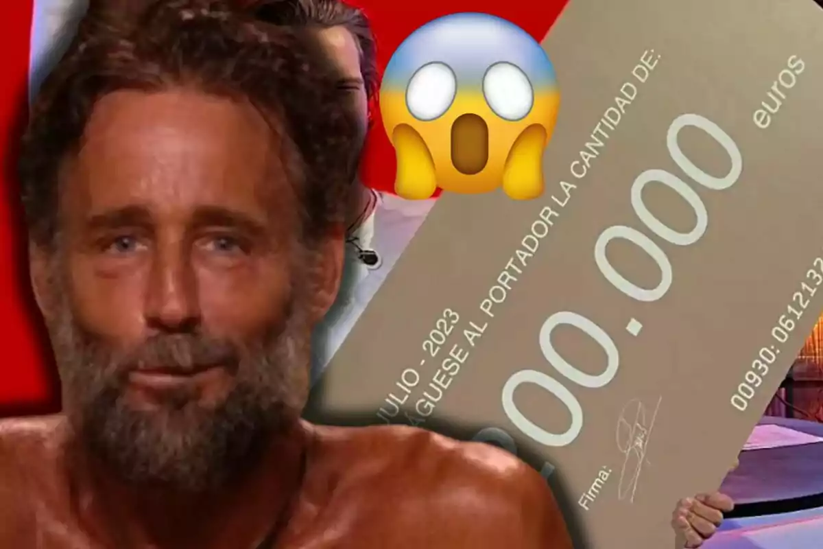 Álvaro Muñoz Escassi apareix en primer pla, darrere seu hi ha un xec gegant de 200.000 euros i un emoji de sorpresa.