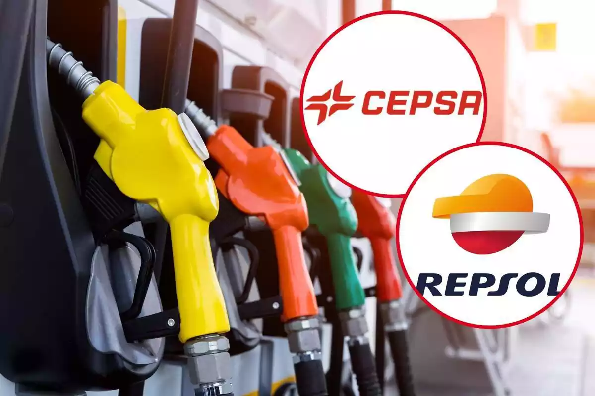 Muntatge amb quatre sortidors en una benzinera i dos cercles amb els logos de Cepsa i Repsol