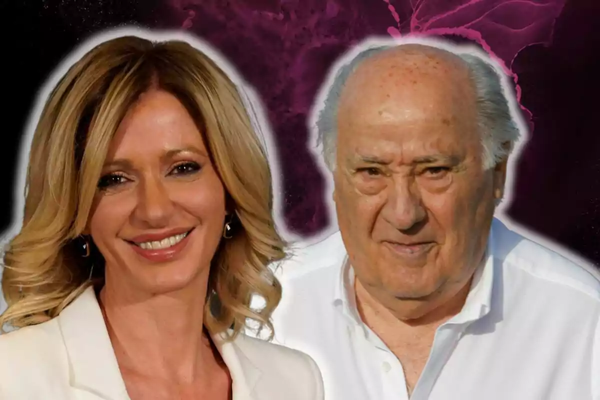 Montaje de Susanna Griso sonriendo con una blazer blanca y Amancio Ortega serio con una camisa blanca