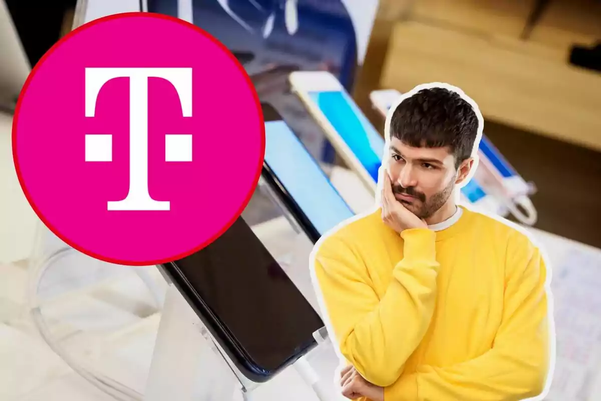 A man in a yellow sweater looks thoughtful in front of a mobile phone display, with a large T-Mobile logo in the foreground. A man in a yellow sweater looks thoughtful in front of a mobile phone display, with a large T-Mobile logo in the foreground.