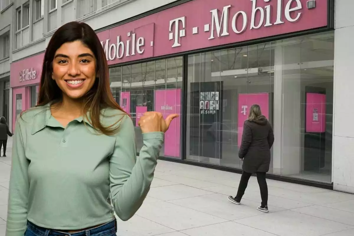 A smiling woman points to a T-Mobile store with a pink and white sign as a person walks in front of the establishment.