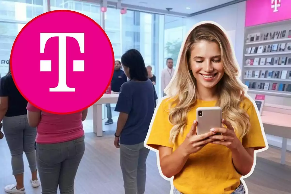 Una mujer sonriente con una camiseta amarilla sostiene un teléfono móvil en una tienda de tecnología, mientras el logotipo de T-Mobile se destaca en el fondo. Una mujer sonriente con una camiseta amarilla sostiene un teléfono móvil en una tienda de tecnología, mientras el logotipo de T-Mobile se destaca en el fondo.