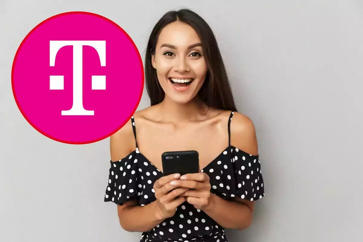 A smiling woman in a polka dot dress holds a mobile phone next to a pink circular logo with a stylized letter A smiling woman in a polka dot dress holds a mobile phone next to a pink circular logo with a stylized letter