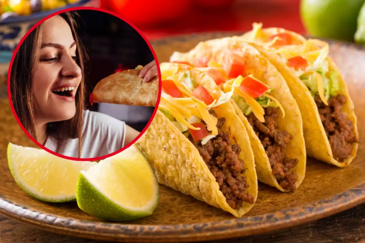 Muntatge amb un plat amb tres tacos mexicans i un cercle amb una dona a punt de menjar-se un taco