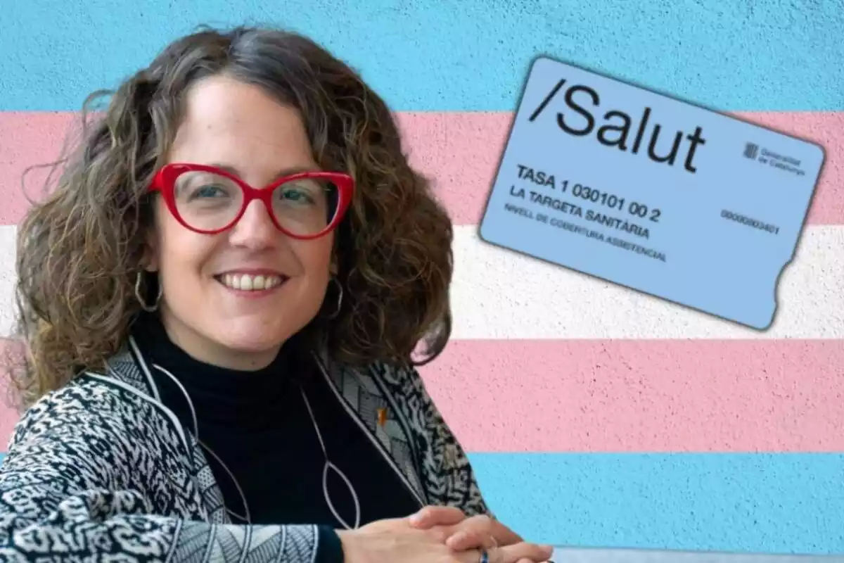 Muntatge de Tània Verge amb la Targètia Sanitària i la bandera trans