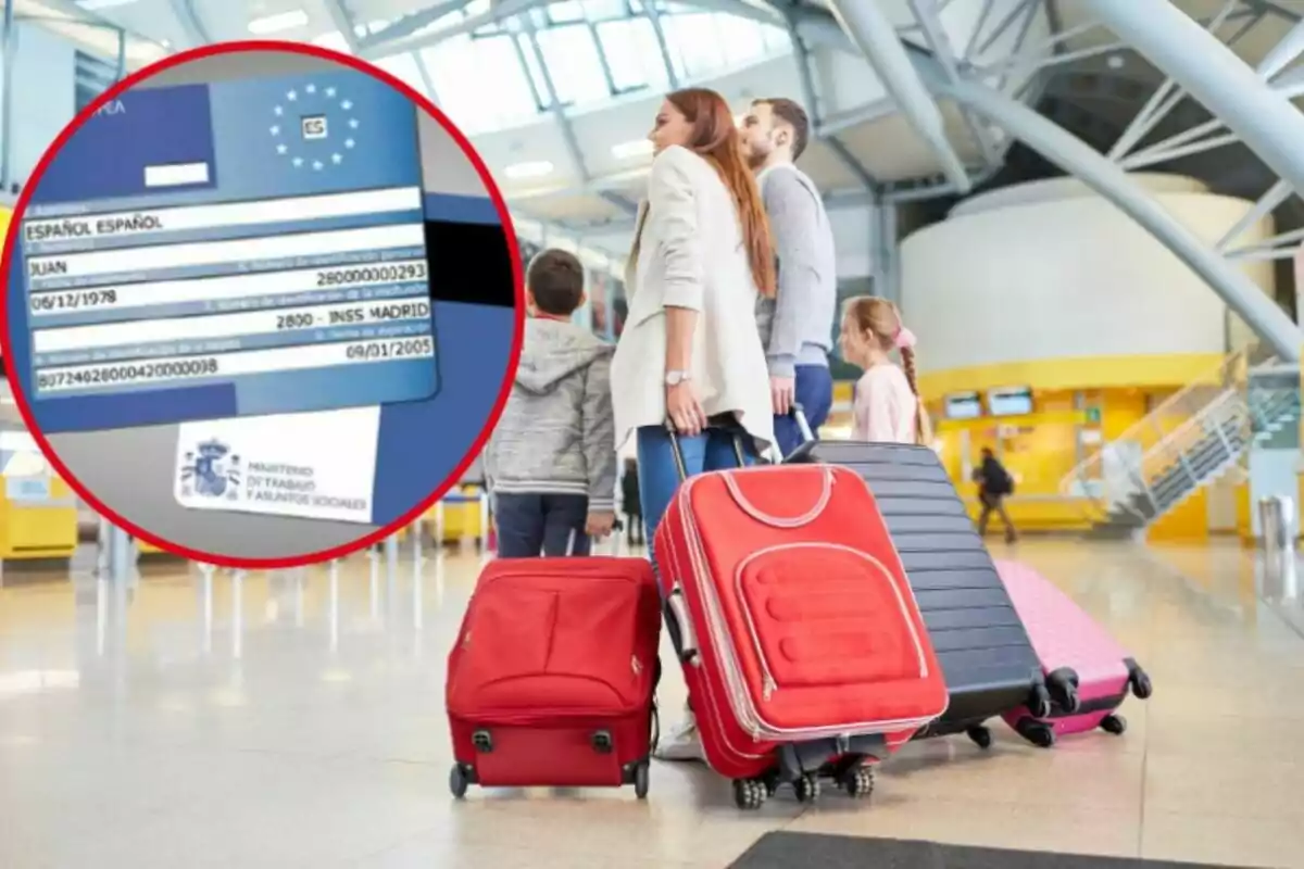 Uns viatgers amb les maletes a l'aeroport i al cercle, la targeta sanitària europea