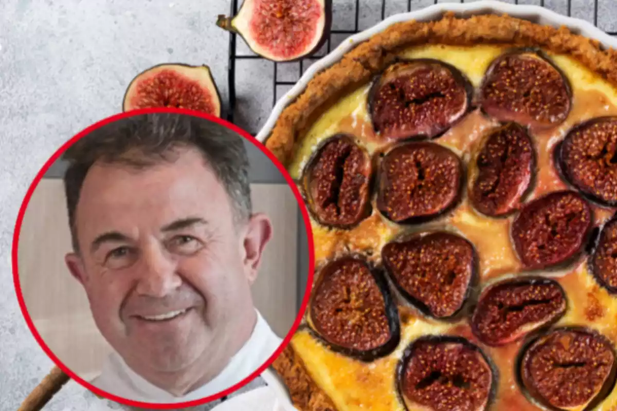 Muntatge amb un pastís de figues i un cercle amb la cara del xef Martín Berasategui