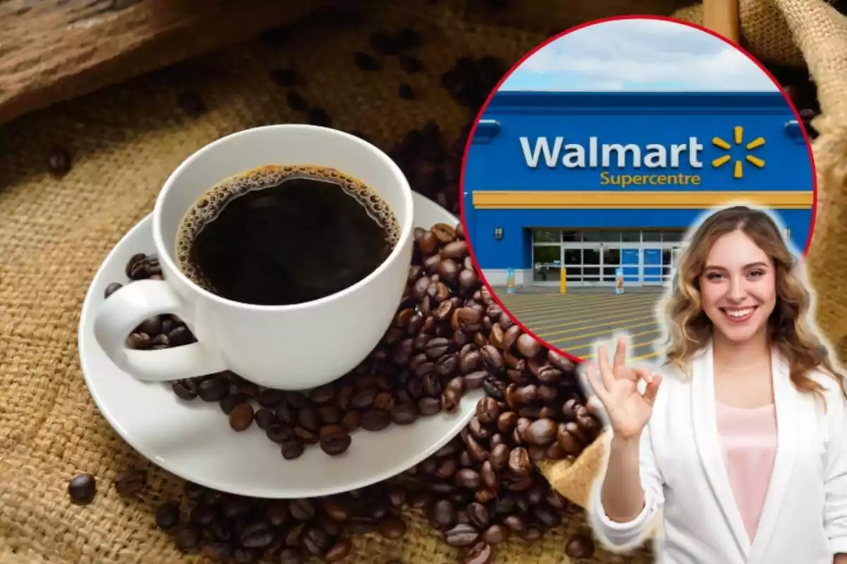 A cup of coffee surrounded by beans on a burlap background, with an inserted image of a Walmart store and a person smiling giving a thumbs up.