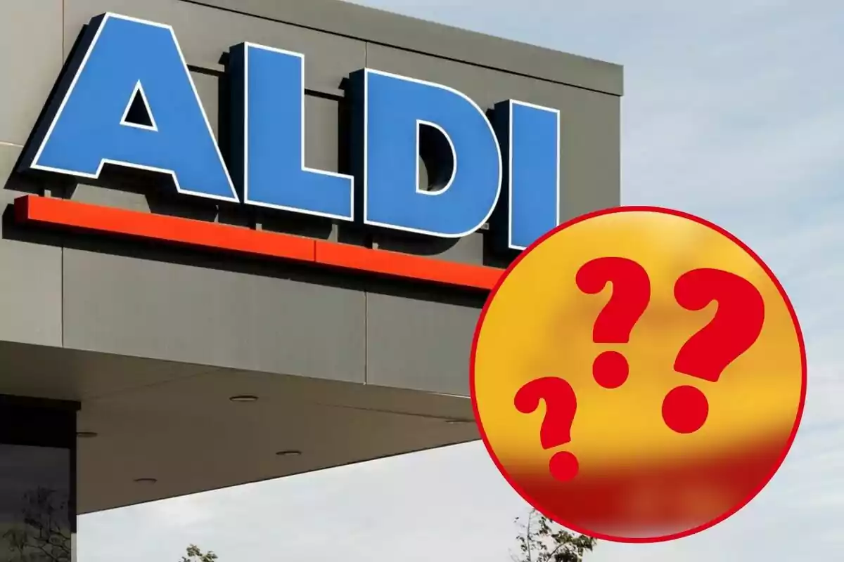 Fachada de una tienda Aldi con un círculo amarillo y signos de interrogación rojos superpuestos.