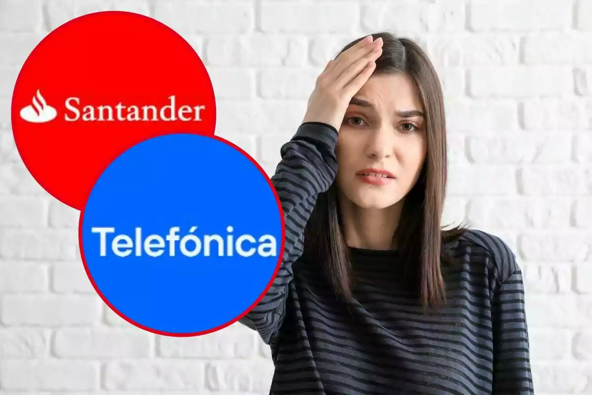 Una dona es porta la mà al capdavant, i en els cercles, els logos de Santander i Telefónica