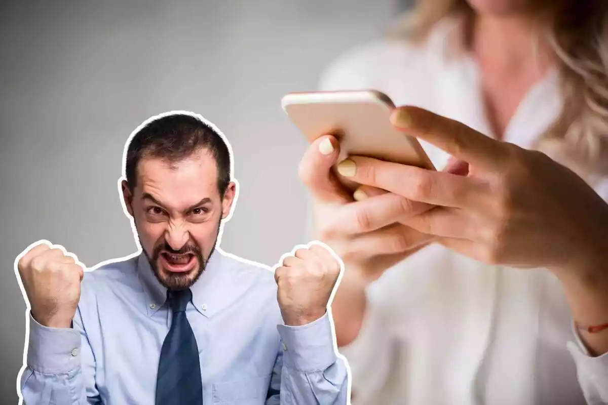 Muntatge d'un fons amb una noia usant un telèfon i davant un home enfadat mostrant els punys