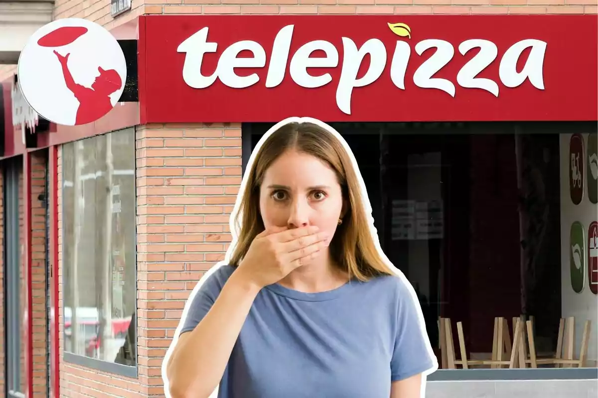 A woman with a surprised expression covers her mouth in front of a Telepizza restaurant.