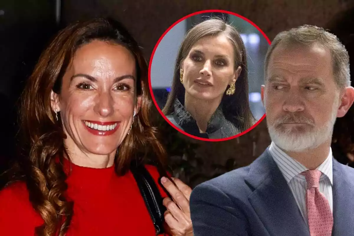 Muntatge de Telma Ortiz somrient amb els llavis vermells, Felip VI seriós mirant de banda i Letizia seriosa amb unes arracades daurades