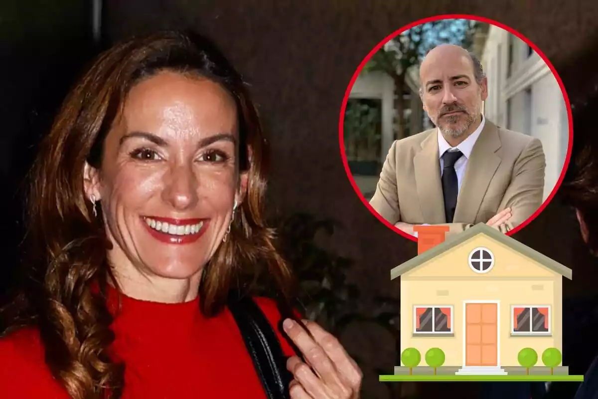 Muntatge amb Telma Ortiz somrient amb els llavis vermells, Jaime del Burgo amb els braços creuats sense ulleres i una casa