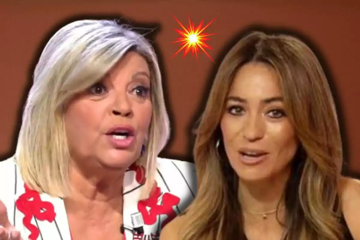 Terelu Campos and María Verdoy talking with a graphic explosion in the background.