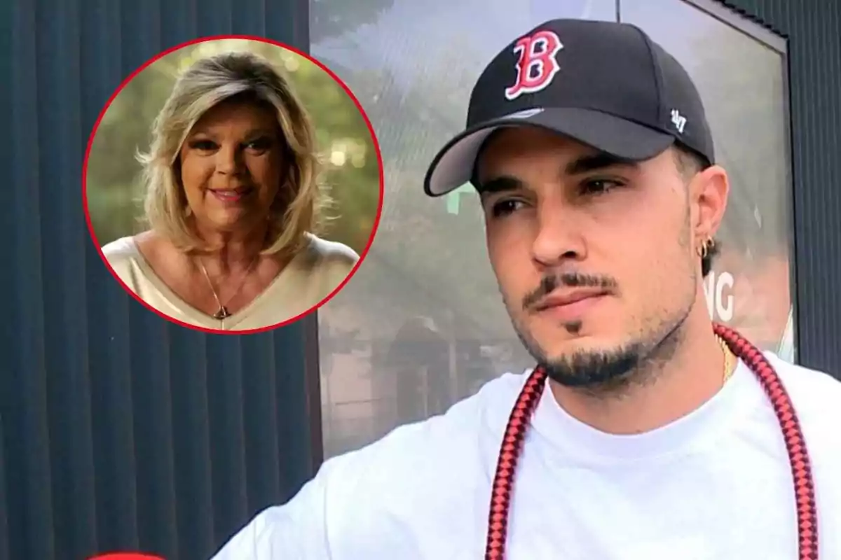 Carlo Costanzia con gorra negra y camiseta blanca está en primer plano mientras que en un círculo rojo se muestra el rostro de Terelu Campos sonriendo.