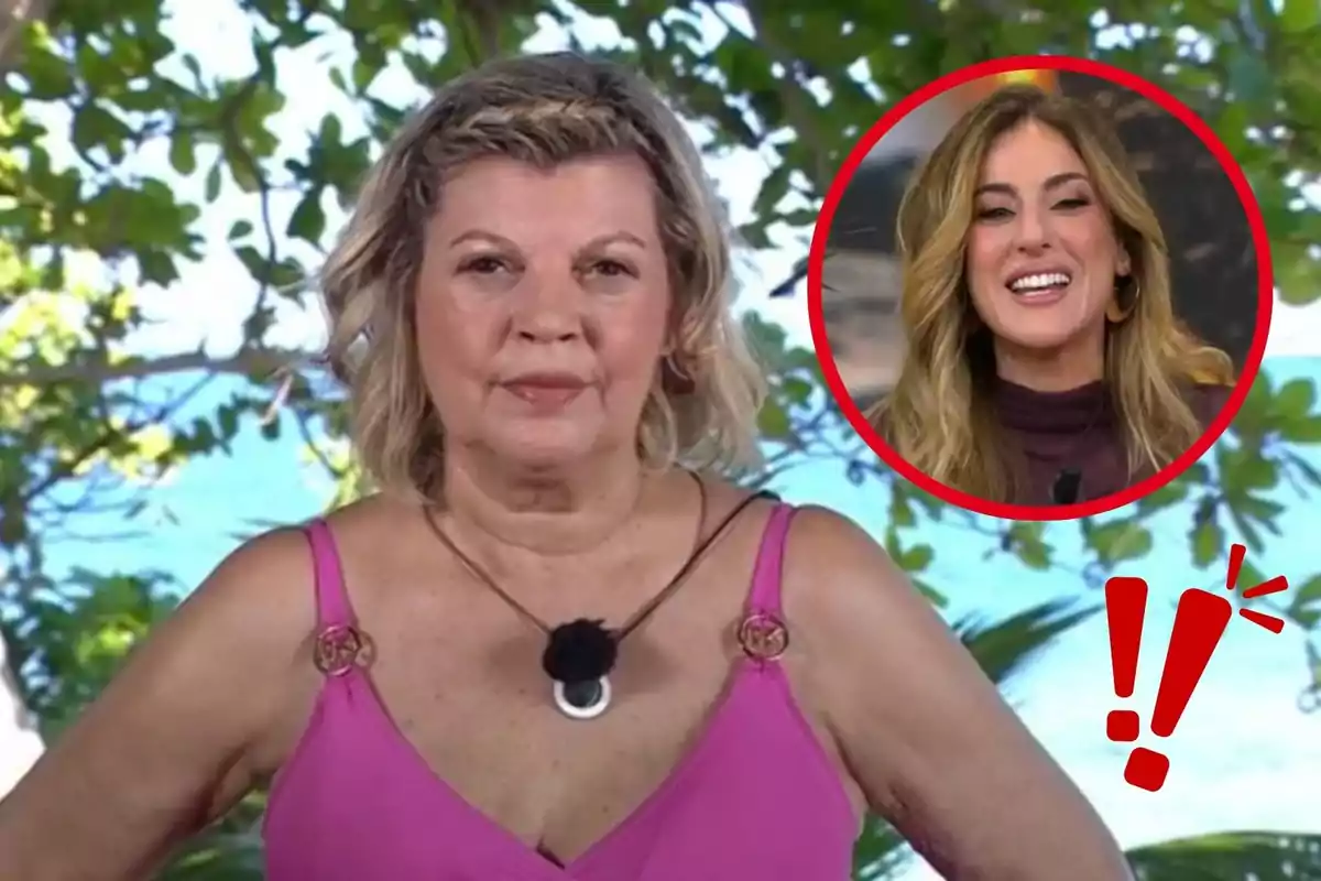 Terelu Campos con vestido rosa posa frente a un fondo de vegetación y mar, mientras en un círculo rojo aparece Verónica Dulanto sonriendo.