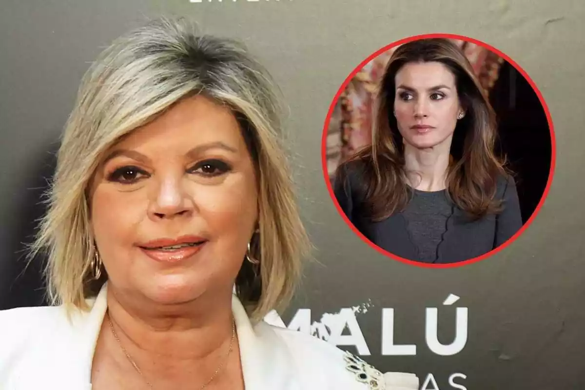 Muntatge d'un primer pla de Terelu Campos somrient en un photocall i la reina Letizia molt seriosa