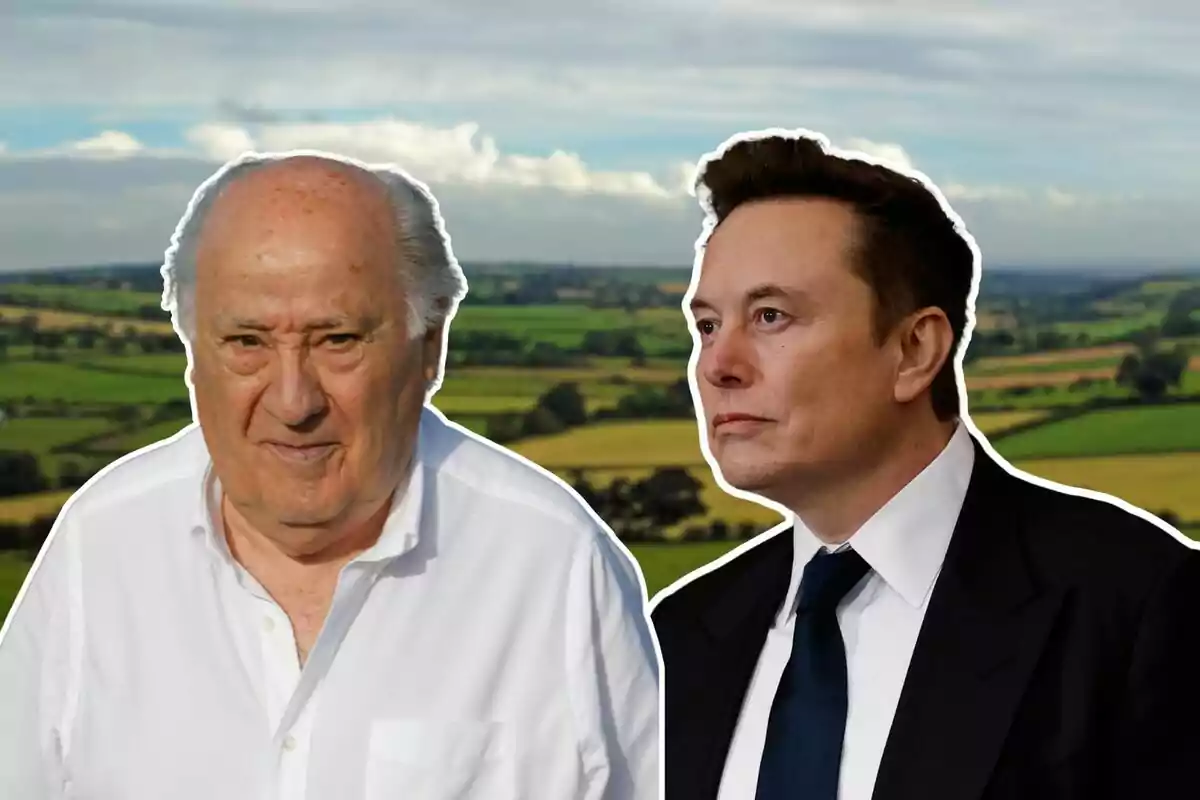 Two older men in formal jerseys pose in front of a rural landscape with green fields and a partly cloudy sky.