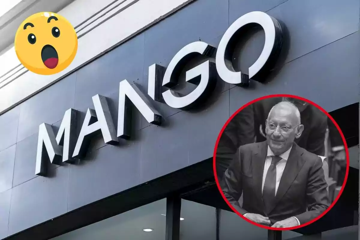 Façana d´una botiga Mango amb un emoji sorprès i un retrat en blanc i negre d´un home en un cercle vermell.