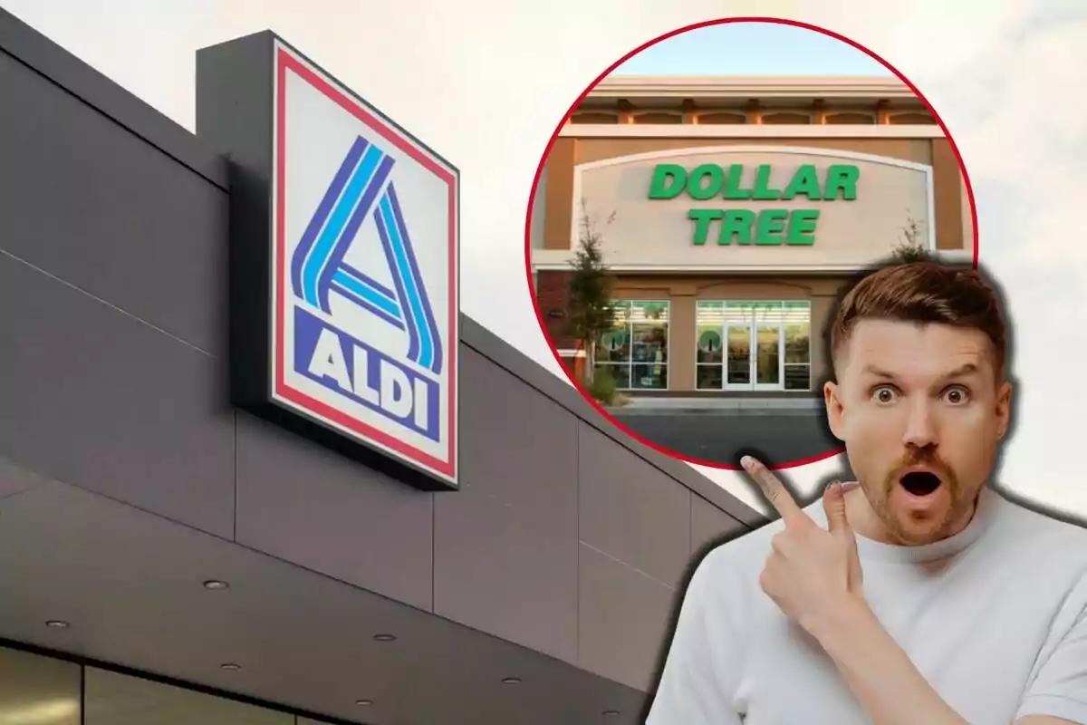 A surprised man points to a circular image of a Dollar Tree store superimposed on a photo of an Aldi building.