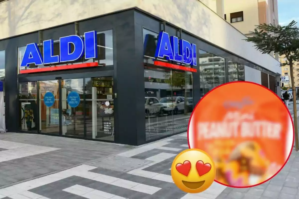 Facade of an Aldi store with a blurry sign of peanut butter and a heart-eyed emoji in the foreground.