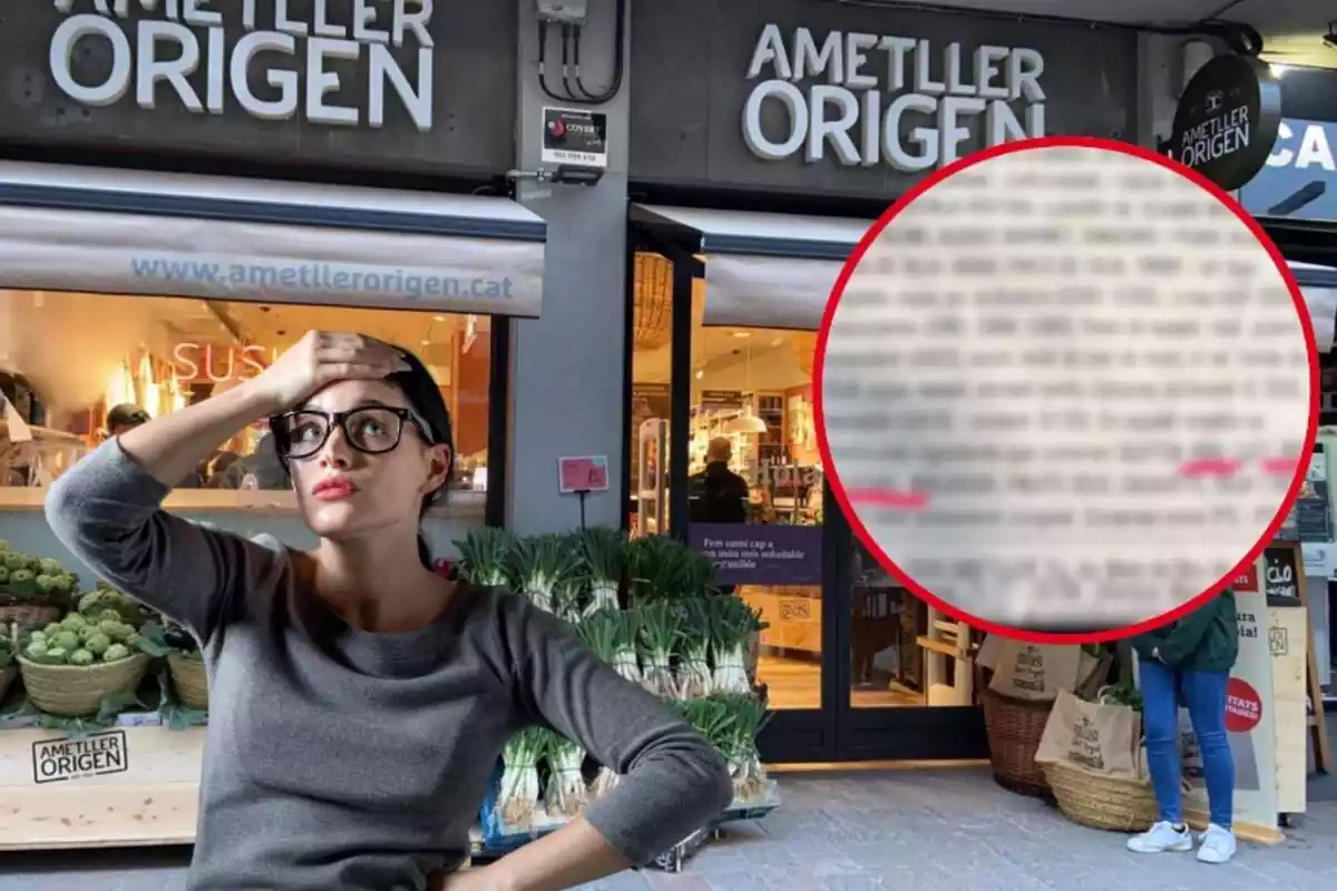 Muntatge d'una botiga Ametller Origen, una etiqueta subratllada desenfocada i una noia amb la mà al front
