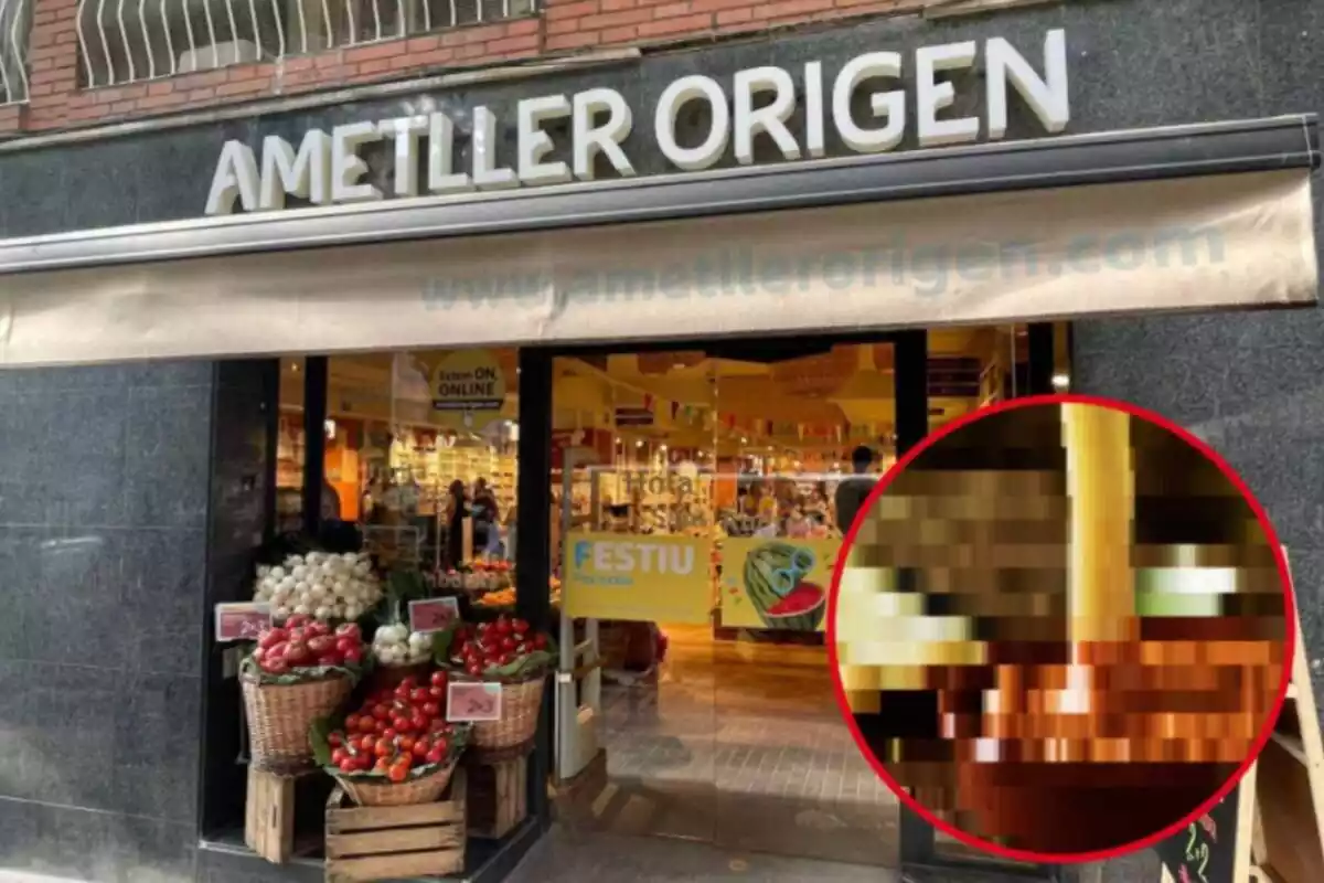 Muntatge amb una botiga d'Ametller Origen i un calçot mullat amb salsa de calçot pixelat