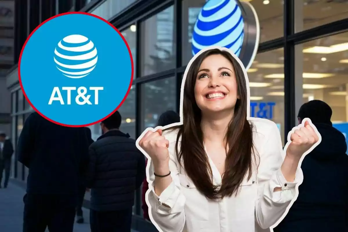 Una mujer sonriente con los puños levantados frente a una tienda de AT&T.